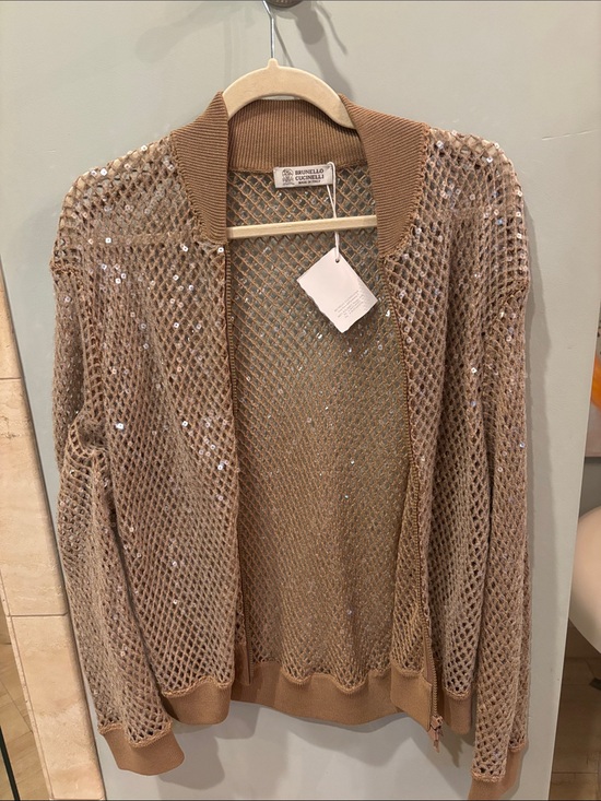 Brunello Cucinelli Sweaters - Brunello Cucinelli Tan Open-Knit Sequin Cardigan